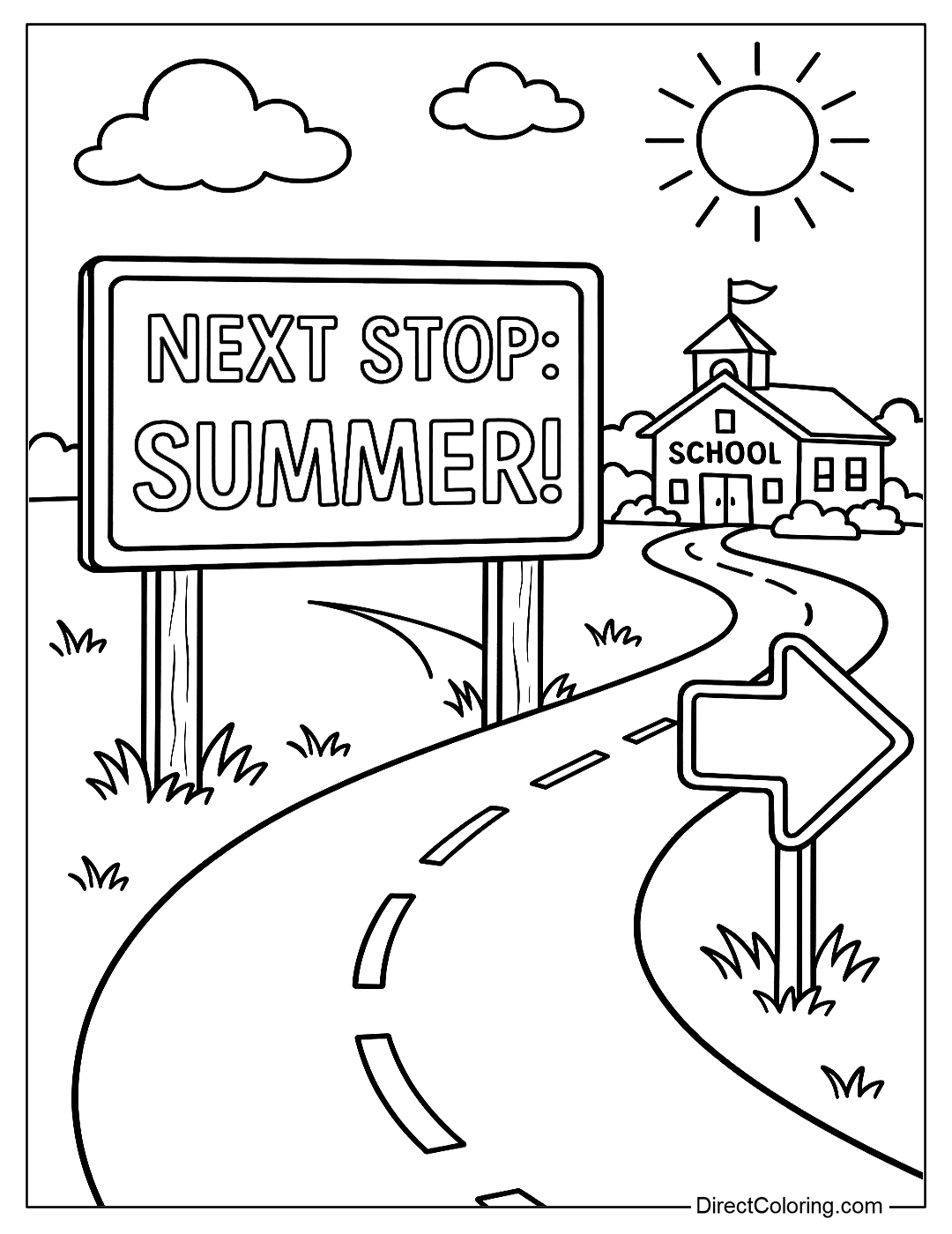 “Next Stop: Summer!” sign coloring page and the highway turning away from the school.